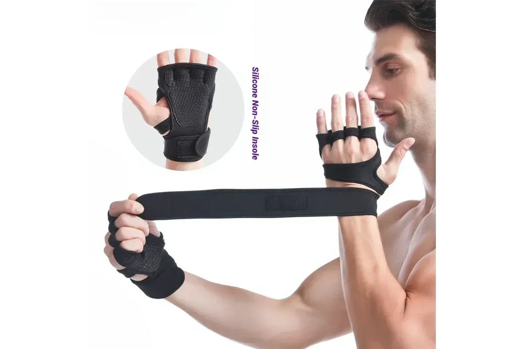 Half Finger Training Sport Gloves For Men Women Workout Fitness Body Building Weightlifting Gym Hand Wrist Protector Dumbbells - Black (1pair) L