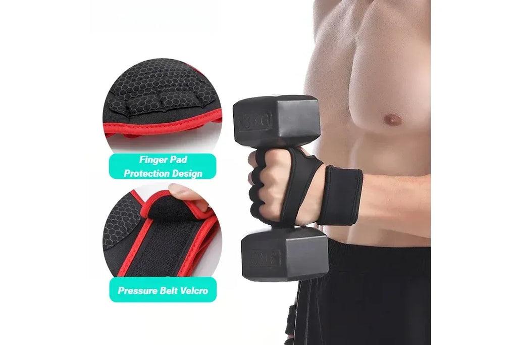 Half Finger Training Sport Gloves For Men Women Workout Fitness Body Building Weightlifting Gym Hand Wrist Protector Dumbbells - Red (1pair) XL