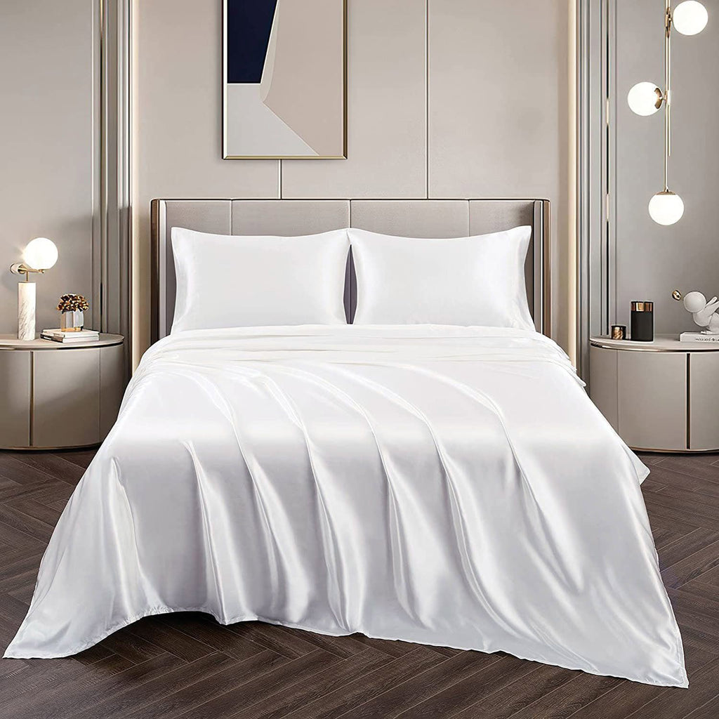 Art Silk Satin Sheet Set Hotel 4 Pieces Fitted/Flat Sheet Bedding Set-Luxury Soft Silky Sheets for Hair and Skin, Similar to Silk Bed Sheets Set 4 Pieces(King,White)