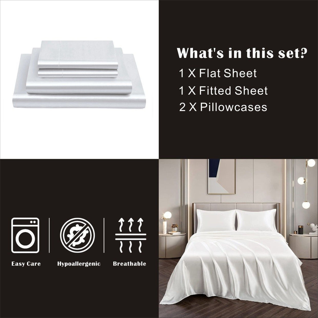 Art Silk Satin Sheet Set Hotel 4 Pieces Fitted/Flat Sheet Bedding Set-Luxury Soft Silky Sheets for Hair and Skin, Similar to Silk Bed Sheets Set 4 Pieces(Queen,White)