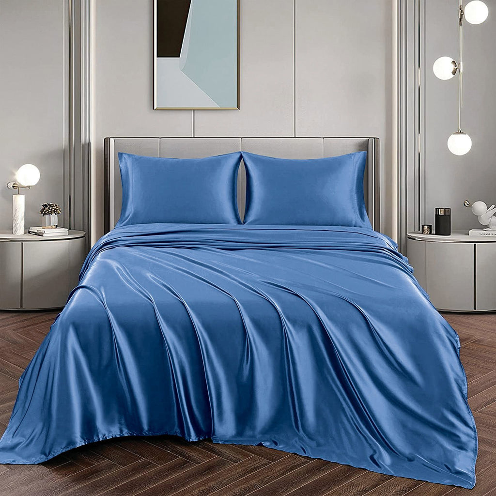 Art Silk Satin Sheet Set Hotel 4 Pieces Fitted/Flat Sheet Bedding Set-Luxury Soft Silky Sheets for Hair and Skin, Similar to Silk Bed Sheets Set 4 Pieces(Super King,Ocean)