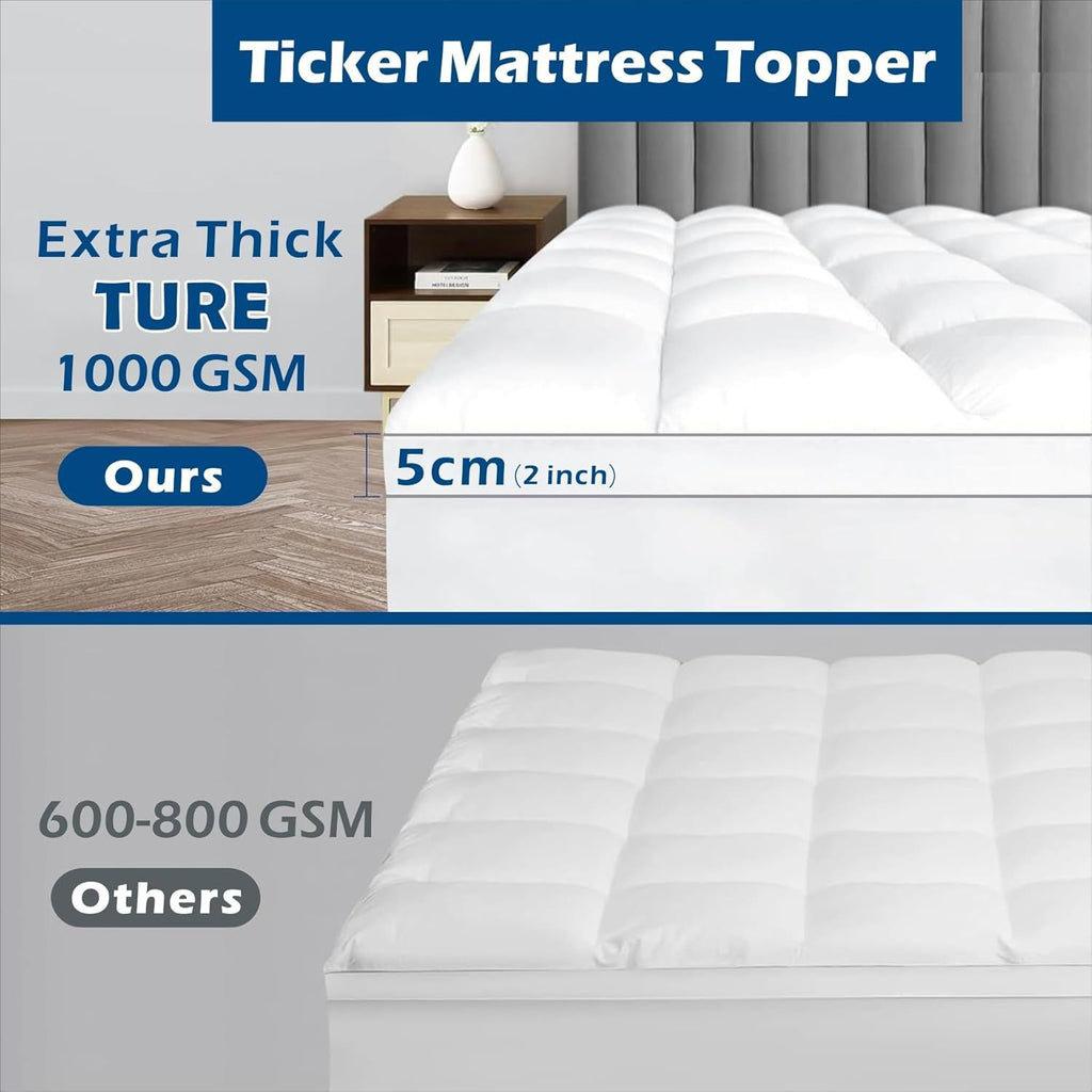 1000GSM Mattress Topper Viscose Derived from Bamboo, Thick Pillowtop Fitted Mattress Cover with 45cm Deep Skirt - Machine Washable Hypoallergenic(Double,white)
