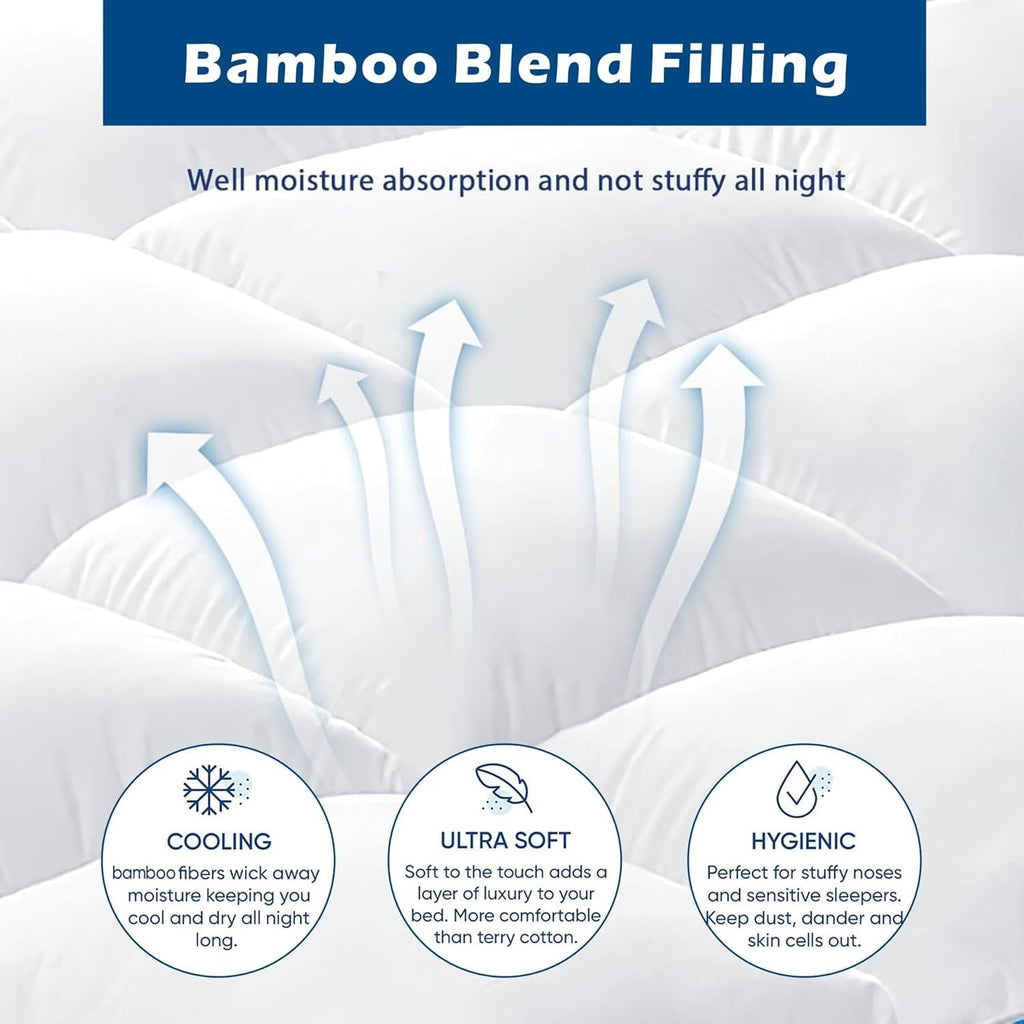 1000GSM Mattress Topper Viscose Derived from Bamboo, Thick Pillowtop Fitted Mattress Cover with 45cm Deep Skirt - Machine Washable Hypoallergenic(Double,white)