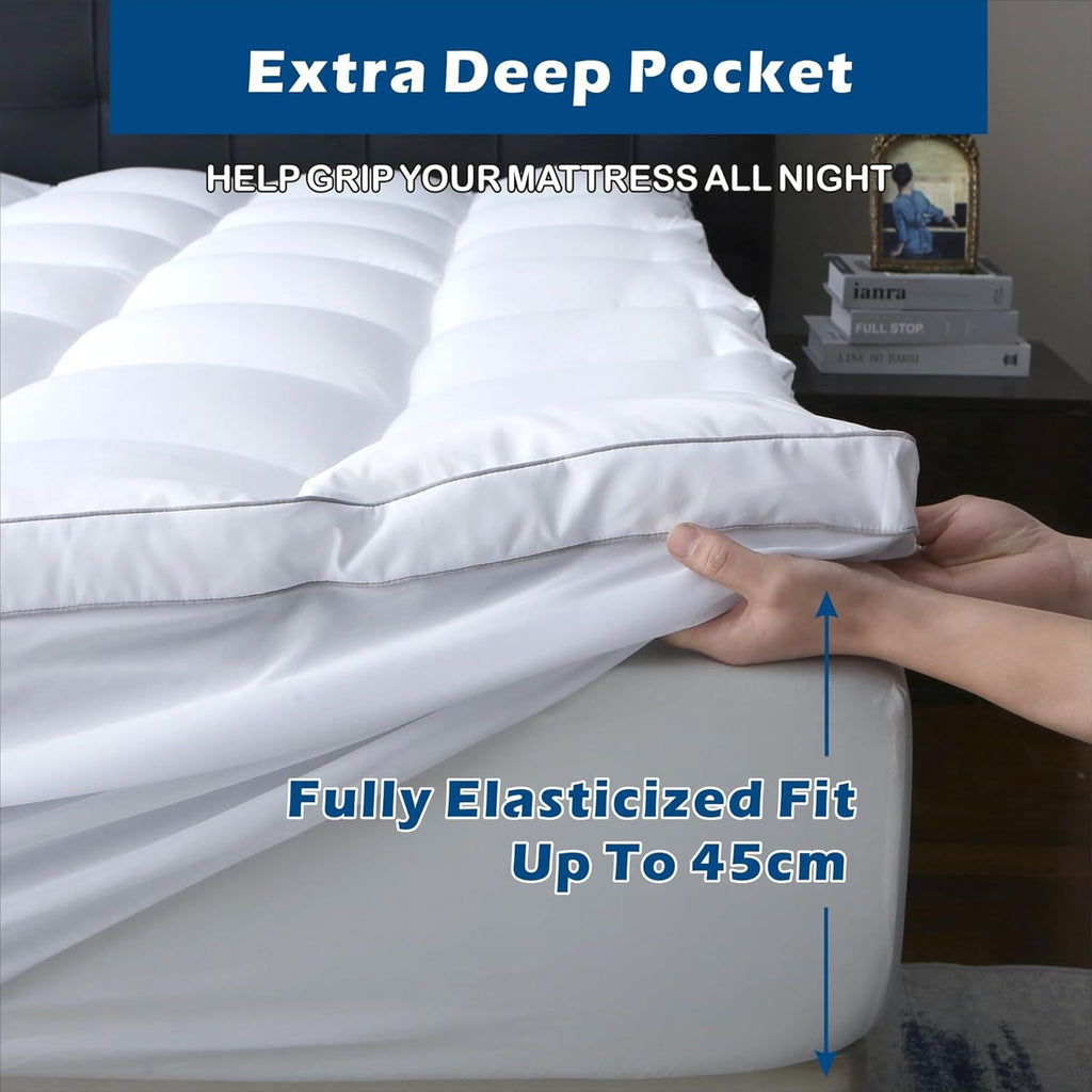 1000GSM Mattress Topper Viscose Derived from Bamboo, Thick Pillowtop Fitted Mattress Cover with 45cm Deep Skirt - Machine Washable Hypoallergenic（King Single,white）
