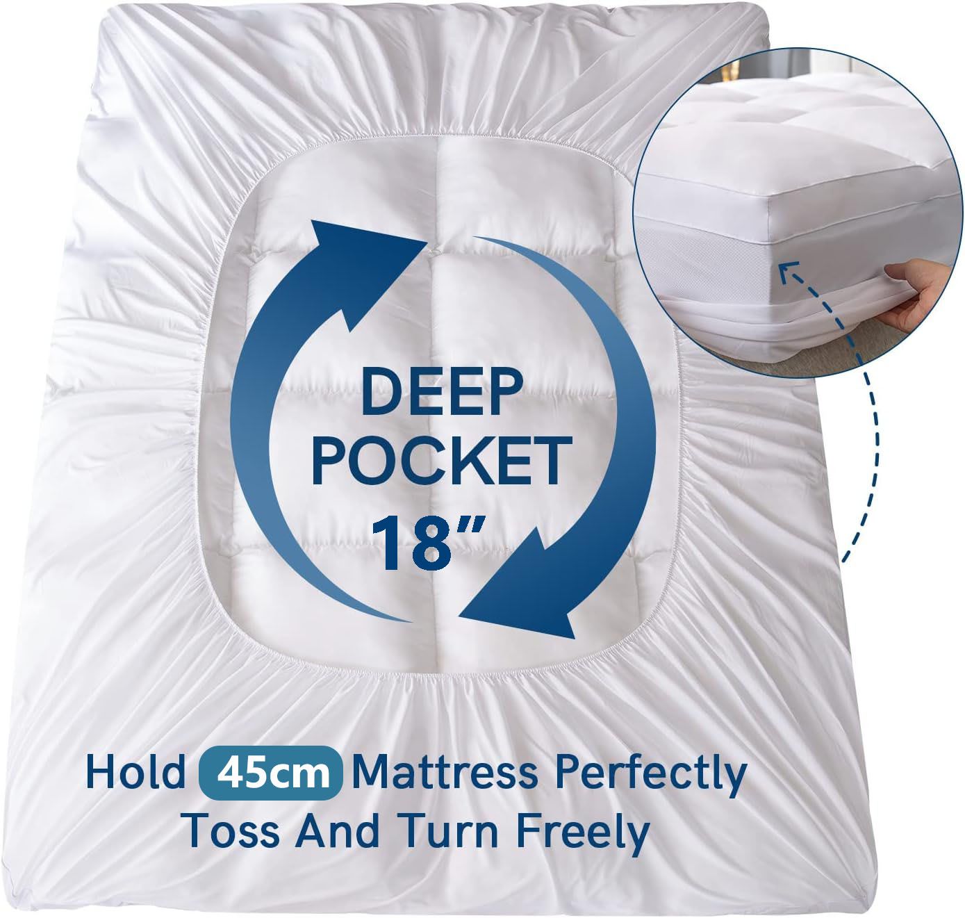 1000GSM Mattress Topper Viscose Derived from Bamboo, Thick Pillowtop Fitted Mattress Cover with 45cm Deep Skirt - Machine Washable Hypoallergenic(Queen,white)