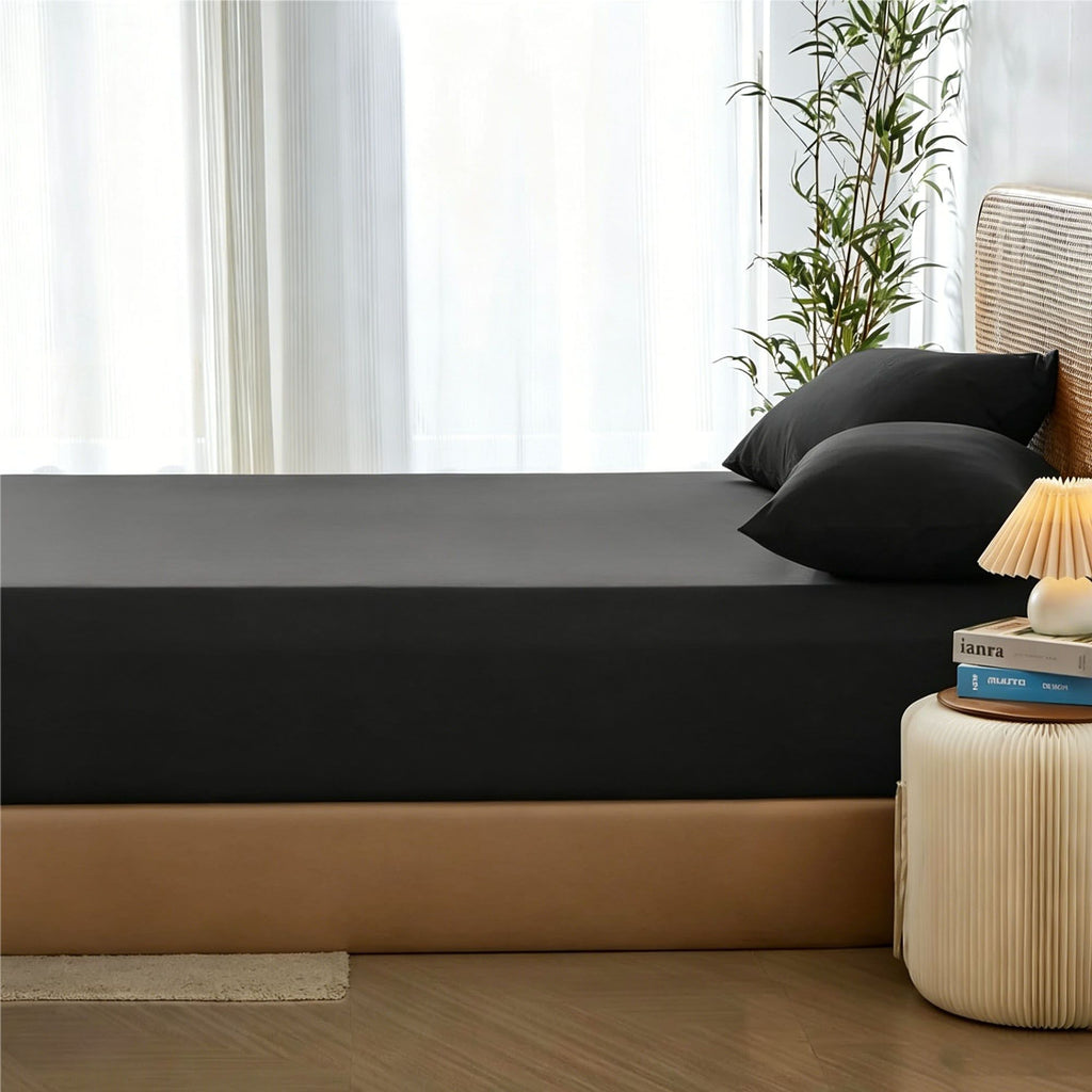 3 Piece Hotel Bamboo Cooling Fitted Sheet Set & Pillowcase -Ultra Soft 2000TC Breathable Fitted Bed Sheets Set with 37 Centimetre Deep Pocket-Cooling Sheets for Hot Sleepers(Black,Double)