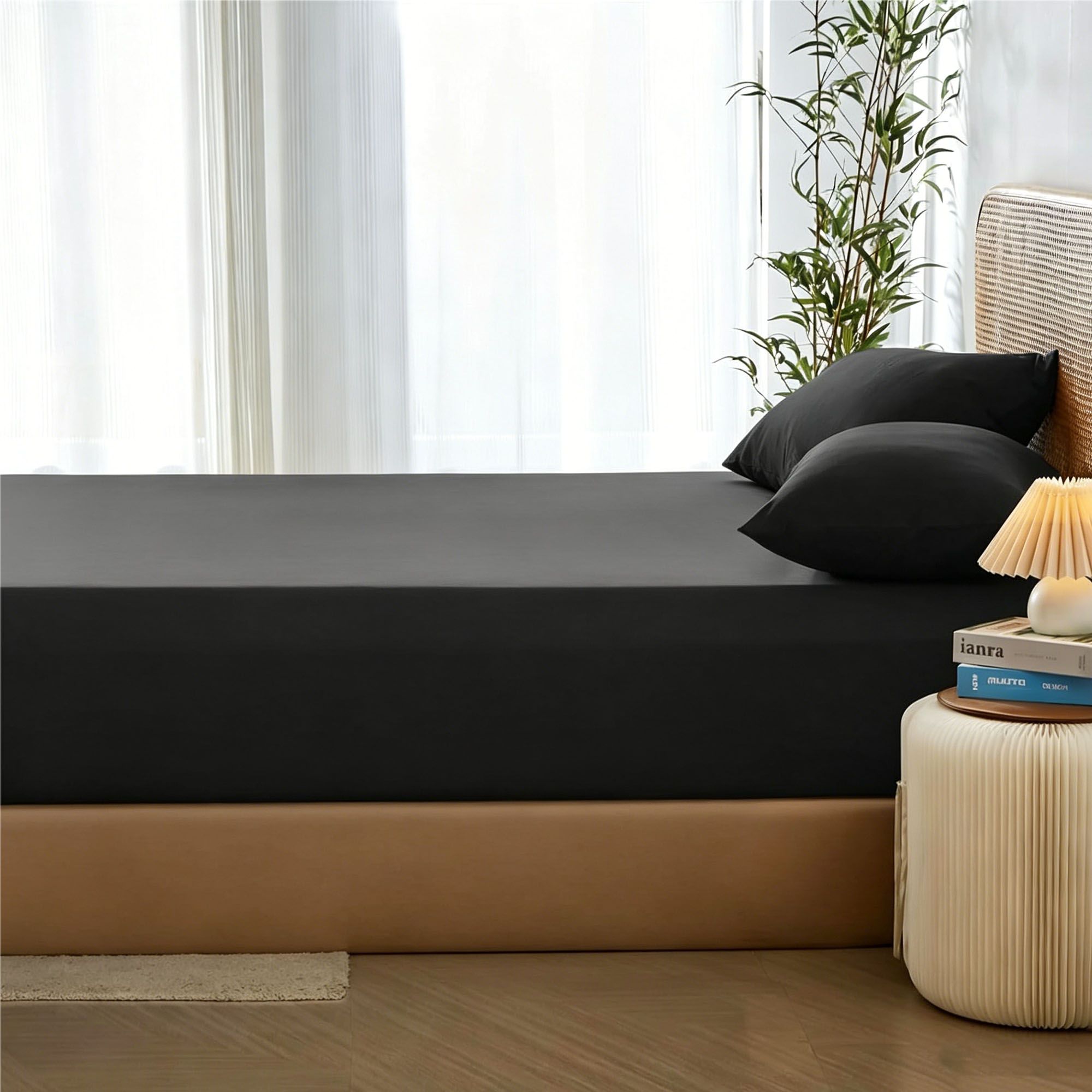 3 Piece Hotel Bamboo Cooling Fitted Sheet Set & Pillowcase -Ultra Soft 2000TC Breathable Fitted Bed Sheets Set with 37 Centimetre Deep Pocket-Cooling Sheets for Hot Sleepers(Black,Double)