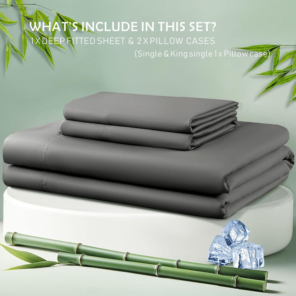 3 Piece Hotel Bamboo Cooling Fitted Sheet Set & Pillowcase -Ultra Soft 2000TC Breathable Fitted Bed Sheets Set with 37 Centimetre Deep Pocket-Cooling Sheets for Hot Sleepers(Grey,King)