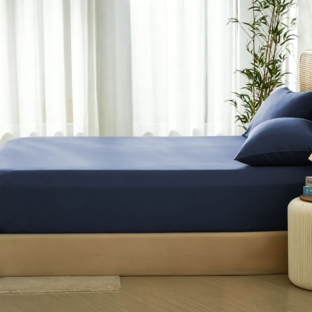 3 Piece Hotel Bamboo Cooling Fitted Sheet Set & Pillowcase -Ultra Soft 2000TC Breathable Fitted Bed Sheets Set with 37 Centimetre Deep Pocket-Cooling Sheets for Hot Sleepers(Navy,King)