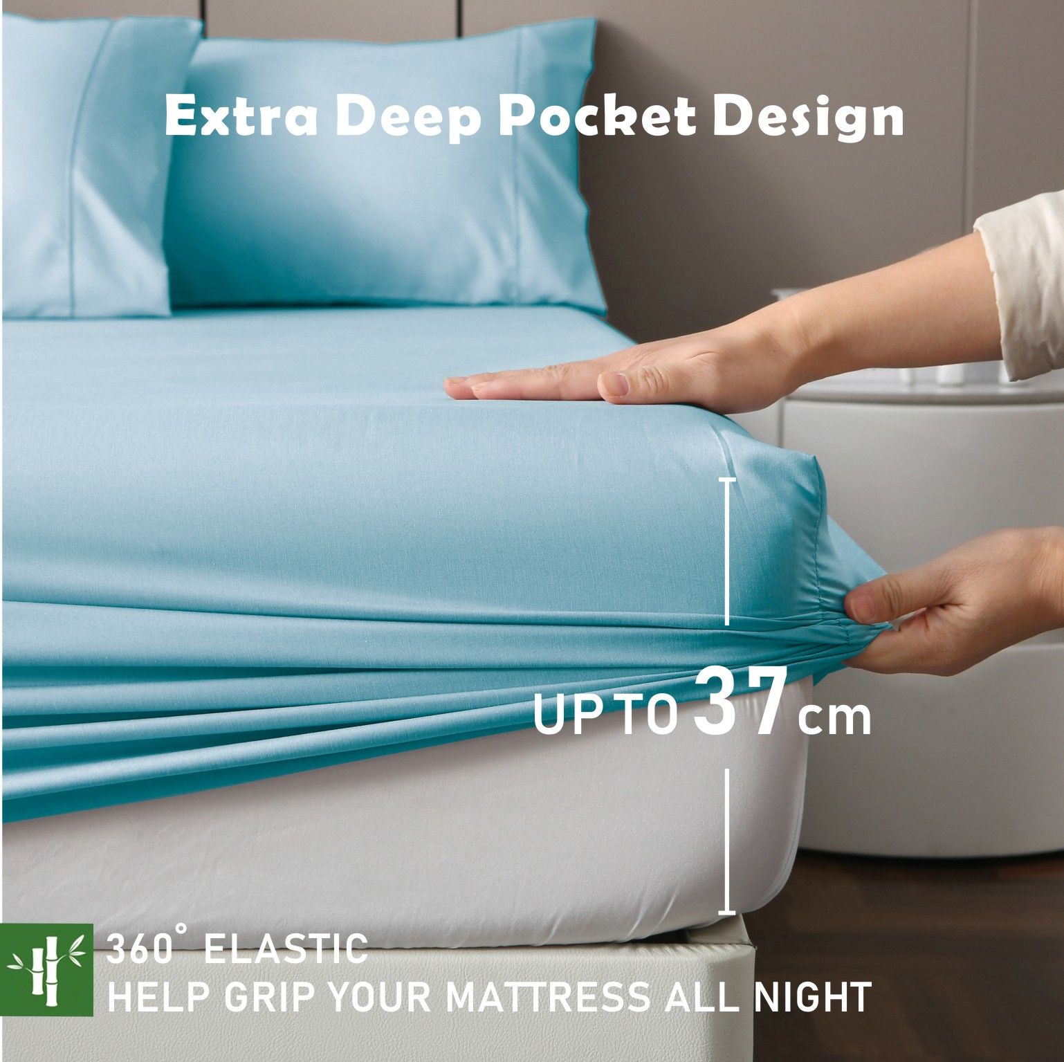 3 Piece Hotel Bamboo Cooling Fitted Sheet Set & Pillowcase -Ultra Soft 2000TC Breathable Fitted Bed Sheets Set with 37 Centimetre Deep Pocket-Cooling Sheets for Hot Sleepers(Sky Blue,Queen)