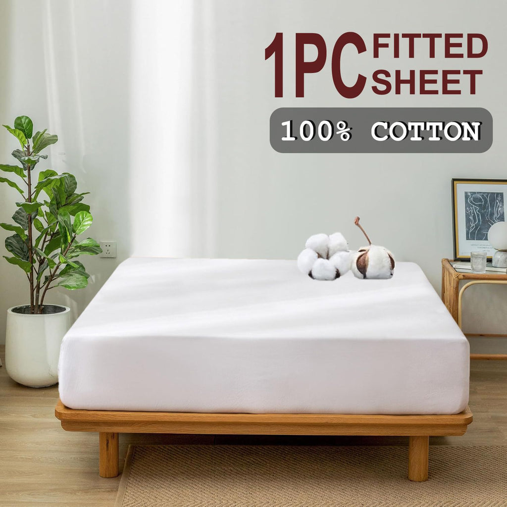 100% Cotton Fitted Sheet - Super Soft 40cm Deep Pocket Bottom Sheets - White Elastic Sheet（King Single,White)