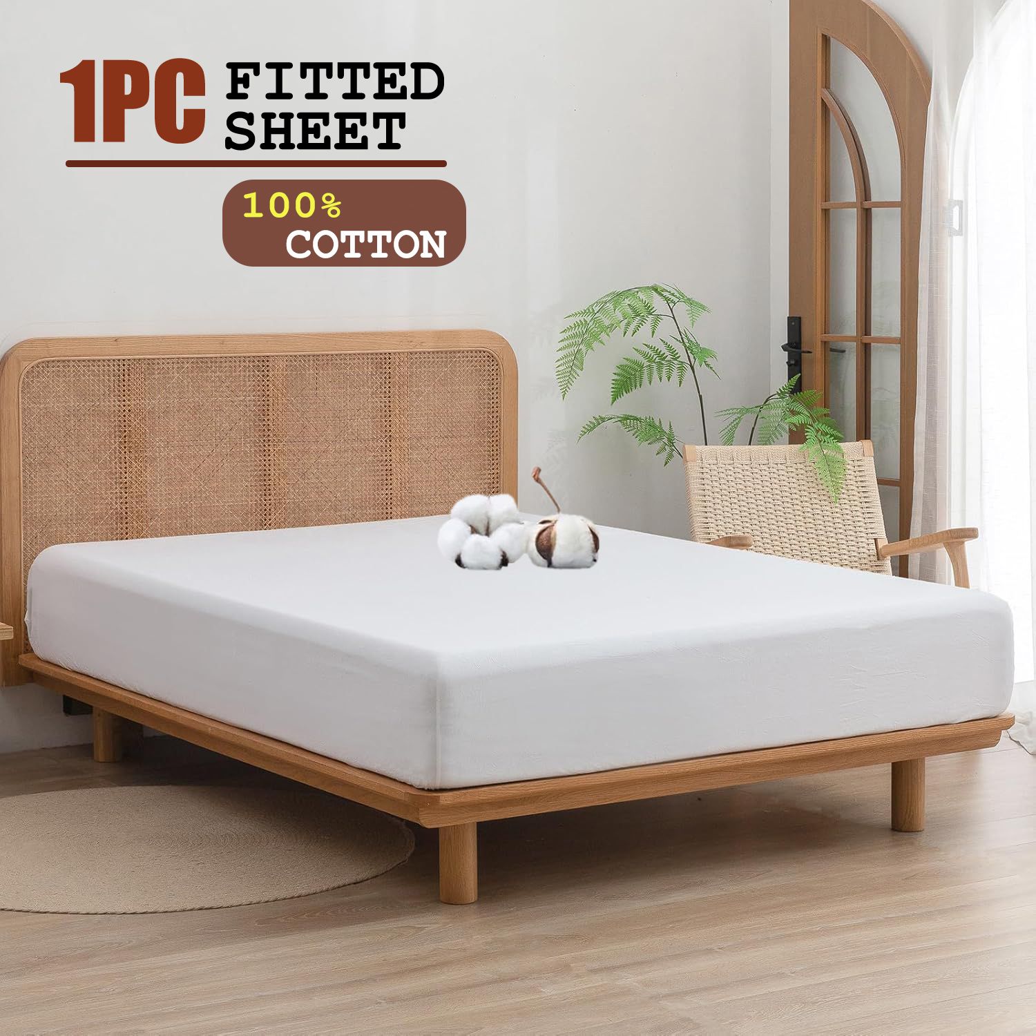 100% Cotton Fitted Sheet - Super Soft 40cm Deep Pocket Bottom Sheets - White Elastic Sheet（Queen,White)