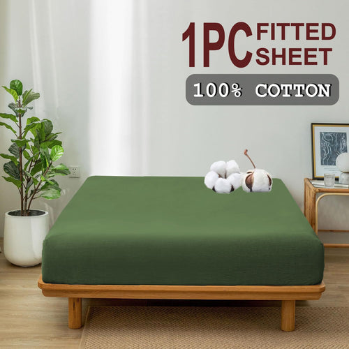 100% Cotton Fitted Sheet - Super Soft 40cm Deep Pocket Bottom Sheets - White Elastic Sheet（Queen,Olive green)