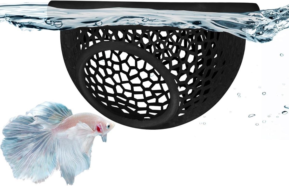 Floating Betta Hide & Shrimp Cave – 3D Printed Aquarium Hammock, Feeder & Rest Spot – Floating Betta Log & Cave Decor for Nano Tanks, Corydoras, Shrimp & Small Fish – Safe PLA, Patent Pending - Yellow - Size S