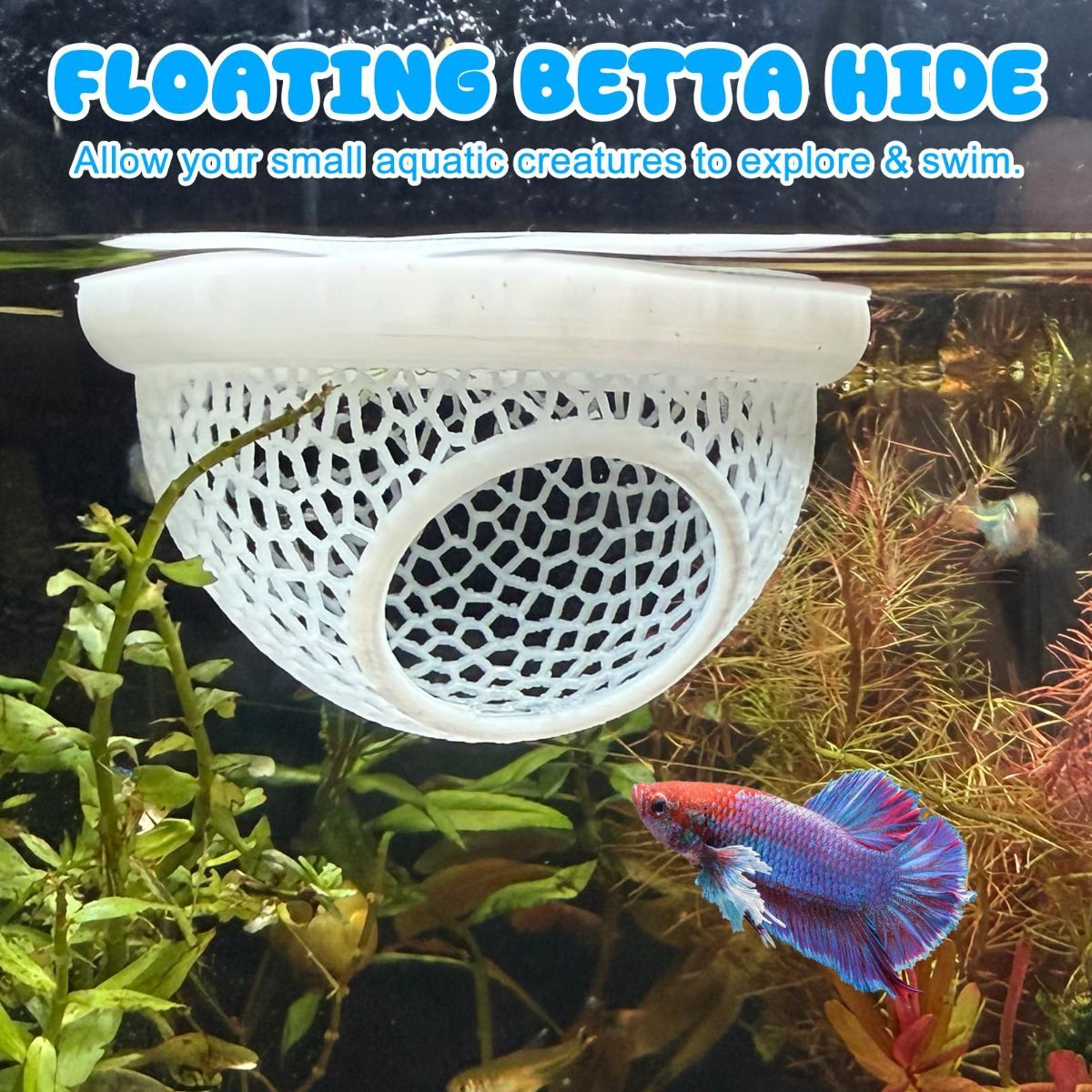 Floating Betta Hide & Shrimp Cave – 3D Printed Aquarium Hammock, Feeder & Rest Spot – Floating Betta Log & Cave Decor for Nano Tanks, Corydoras, Shrimp & Small Fish – Safe PLA, Patent Pending - Yellow - Size S
