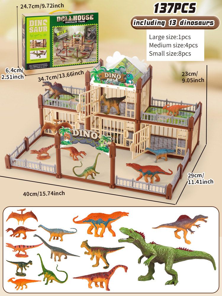 DIY Jurassic Theme Park Building Set for Kids, Creative Dinosaur Arena Toy with Realistic Dinosaurs and Palm Trees, Educational Playset for Ages 3+ to Build and Explore (137PCS, Green)