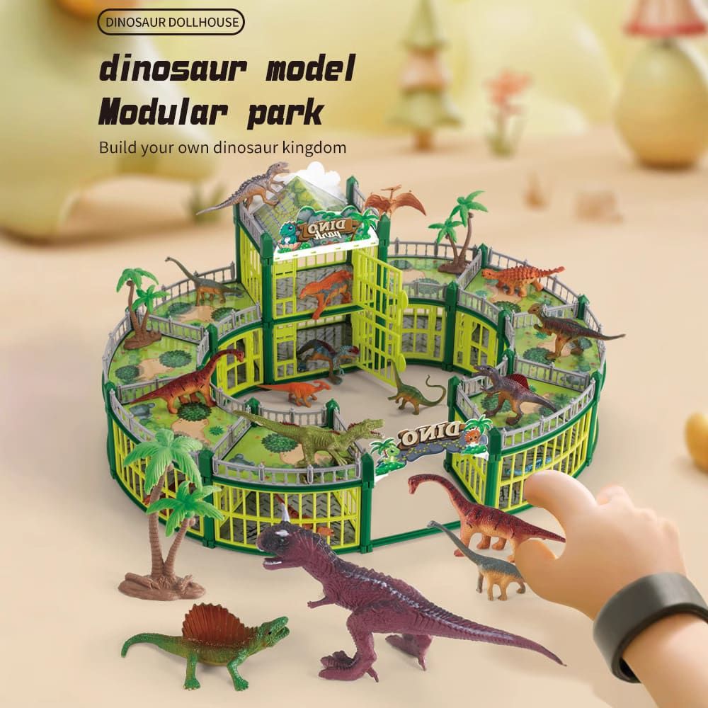 DIY Jurassic Theme Park Building Set for Kids, Creative Dinosaur Arena Toy with Realistic Dinosaurs and Palm Trees, Educational Playset for Ages 3+ to Build and Explore (215PCS, Brown)