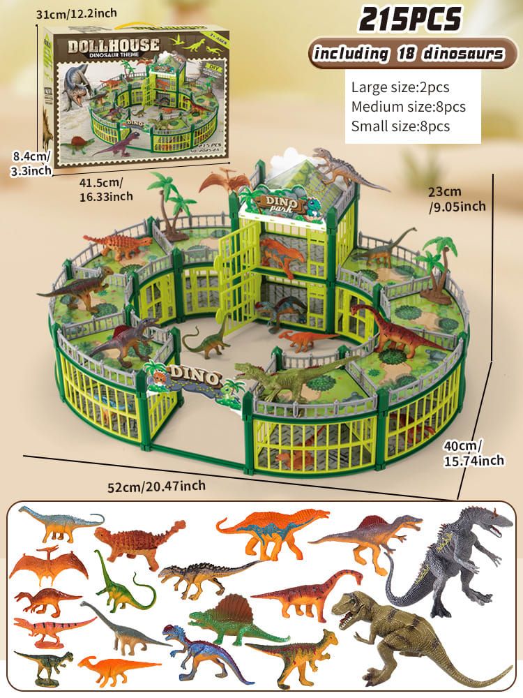 DIY Jurassic Theme Park Building Set for Kids, Creative Dinosaur Arena Toy with Realistic Dinosaurs and Palm Trees, Educational Playset for Ages 3+ to Build and Explore (215PCS, Brown)