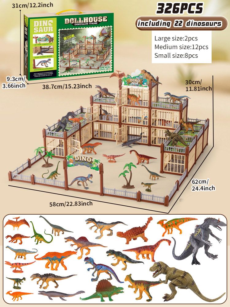 DIY Jurassic Theme Park Building Set for Kids, Creative Dinosaur Arena Toy with Realistic Dinosaurs and Palm Trees, Educational Playset for Ages 3+ to Build and Explore (215PCS, Brown)