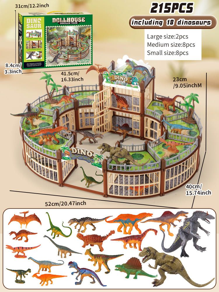 DIY Jurassic Theme Park Building Set for Kids, Creative Dinosaur Arena Toy with Realistic Dinosaurs and Palm Trees, Educational Playset for Ages 3+ to Build and Explore (215PCS, Green)
