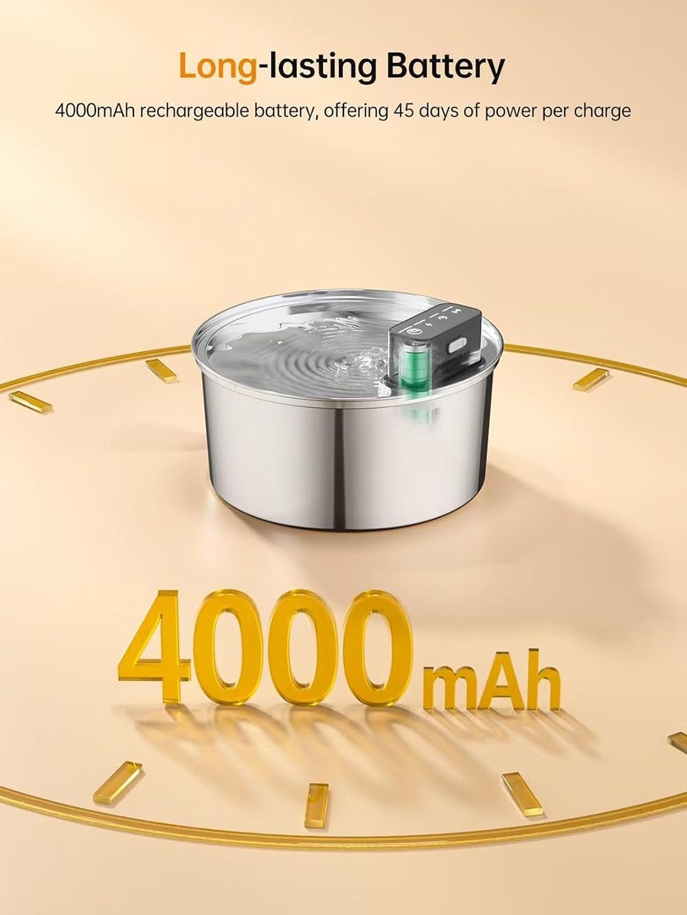 Wireless Pet Water Fountain for Cats and Small Dogs, 304 Stainless Steel, 3.2L Capacity, Rechargeable Battery, Three Flow Modes, Low Noise, Easy to Clean (D3)