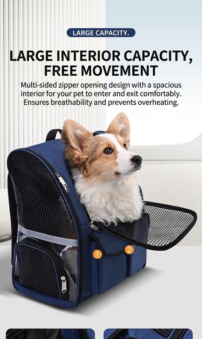 Pet Carrier Backpack for Travel, Hiking, and Vet Visits – Breathable Mesh Design with Reflective Safety Strips, Ideal for Cats and Small Dogs, Hands-Free Convenience for Outdoor Adventures (Navy)