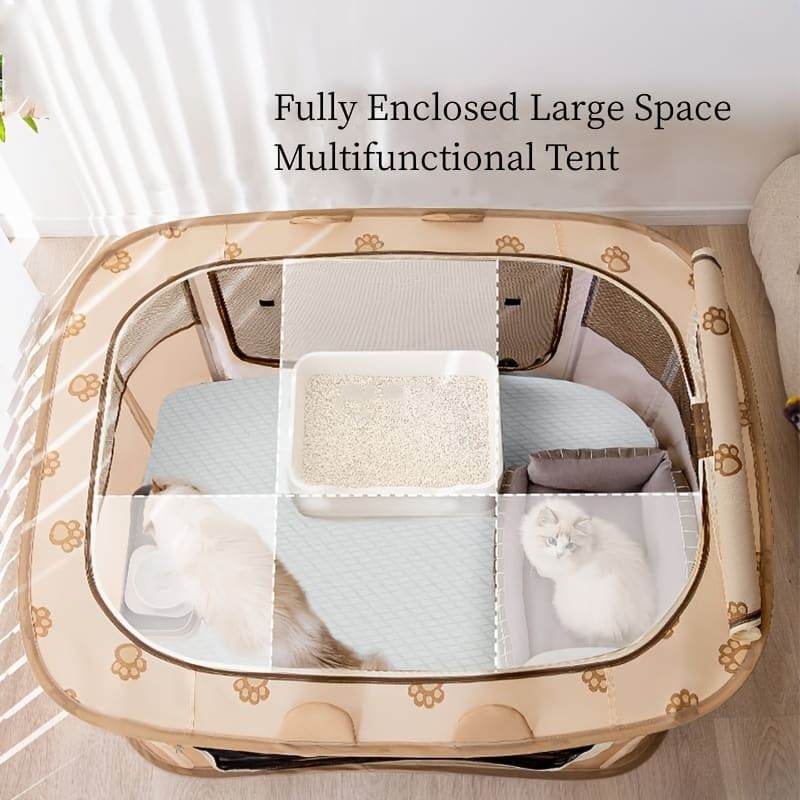 Foldable Pet Playpen with Zippered Top, Portable Cat Whelping Box & Puppy Kennel for Indoor/Outdoor Use, Easy Assembly, Multi-Functional Tent for Small Pets (Brown-L)