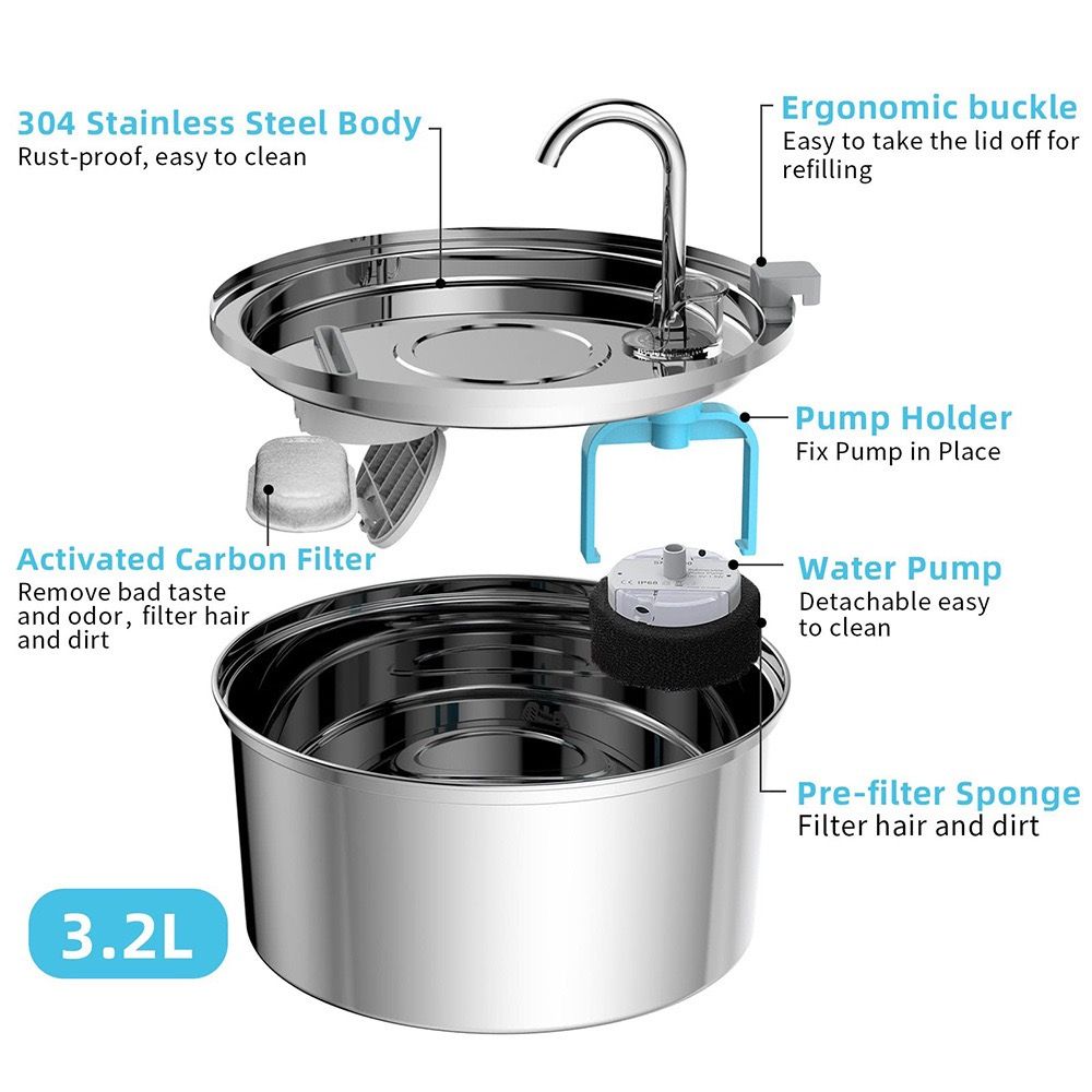 304 Stainless Steel 3.2L Pet Water Fountain with Triple Filtration, Ultra-Quiet Pump, and Dishwasher-Safe Design for Cats and Small Dogs (C1)
