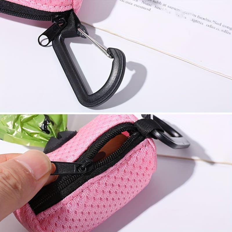 Portable Poop Bag Holder Dispenser for Dog Walking – Mesh Roll Bag Storage Case with Carabiner Clip, Easy One-Hand Pull for Outdoor Pet Waste Cleanup (Black)