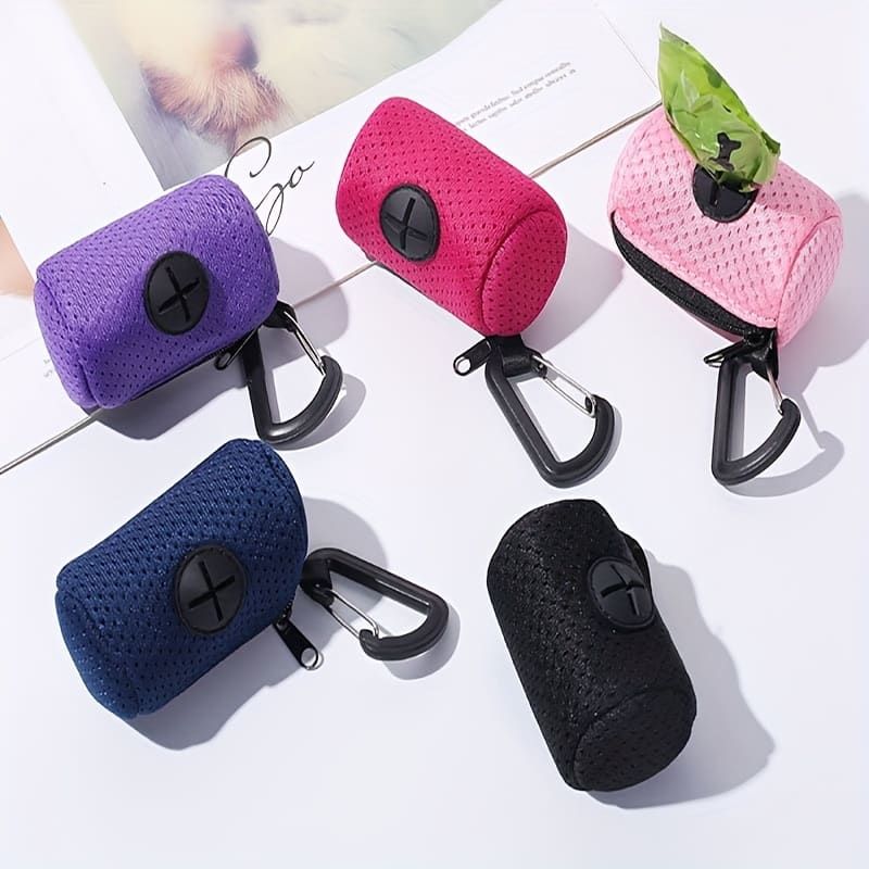 Portable Poop Bag Holder Dispenser for Dog Walking – Mesh Roll Bag Storage Case with Carabiner Clip, Easy One-Hand Pull for Outdoor Pet Waste Cleanup (Pink)