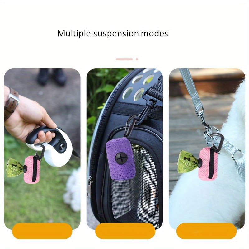 Portable Poop Bag Holder Dispenser for Dog Walking – Mesh Roll Bag Storage Case with Carabiner Clip, Easy One-Hand Pull for Outdoor Pet Waste Cleanup (Purple)