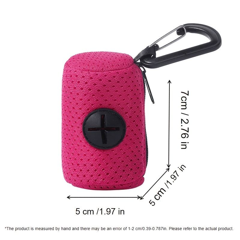 Portable Poop Bag Holder Dispenser for Dog Walking – Mesh Roll Bag Storage Case with Carabiner Clip, Easy One-Hand Pull for Outdoor Pet Waste Cleanup (Red)