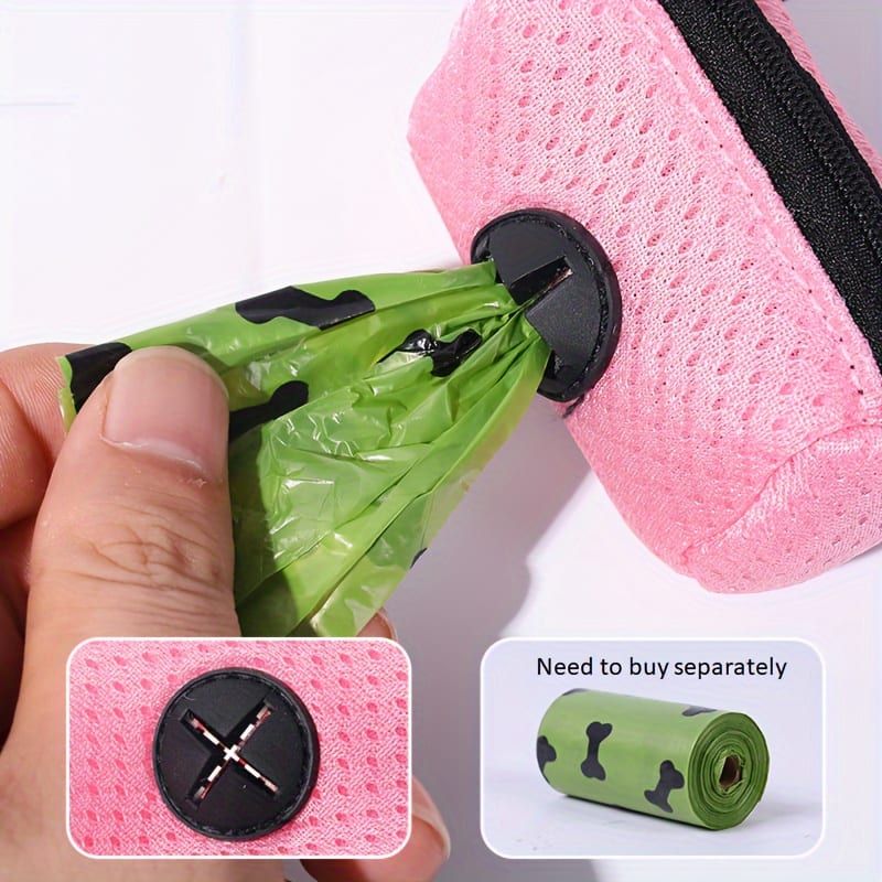 Portable Poop Bag Holder Dispenser for Dog Walking – Mesh Roll Bag Storage Case with Carabiner Clip, Easy One-Hand Pull for Outdoor Pet Waste Cleanup (Red)