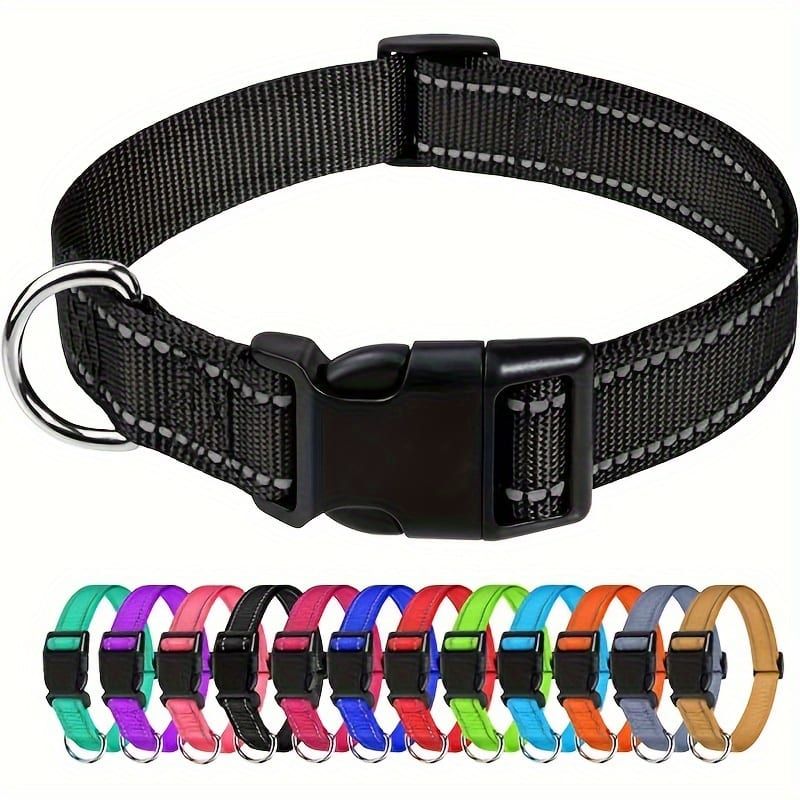 Reflective Dog Collar with Adjustable Nylon Webbing – Safe & Visible Pet Gear for Walks, Outdoor Adventures, and Nighttime Visibility (M, Red)