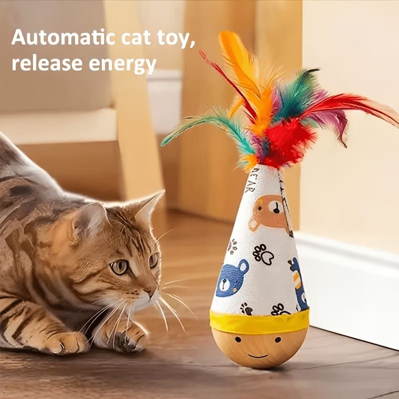 Interactive Wobble Cat Toy with Feathers and Wooden Base – Durable, Self-Righting Design for Endless Play, Exercise, and Entertainment for All Cat Breeds and Sizes (Feather, White)