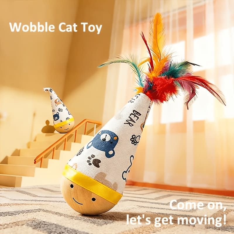 Interactive Wobble Cat Toy with Feathers and Wooden Base – Durable, Self-Righting Design for Endless Play, Exercise, and Entertainment for All Cat Breeds and Sizes (NoFeather, Purple)