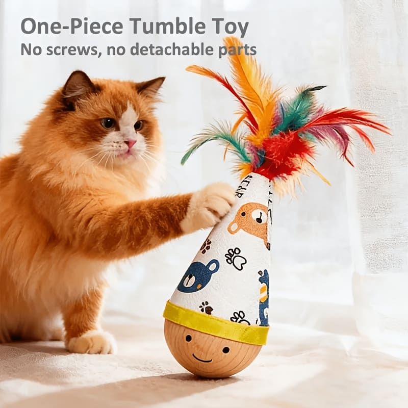 Interactive Wobble Cat Toy with Feathers and Wooden Base – Durable, Self-Righting Design for Endless Play, Exercise, and Entertainment for All Cat Breeds and Sizes (NoFeather, Purple)