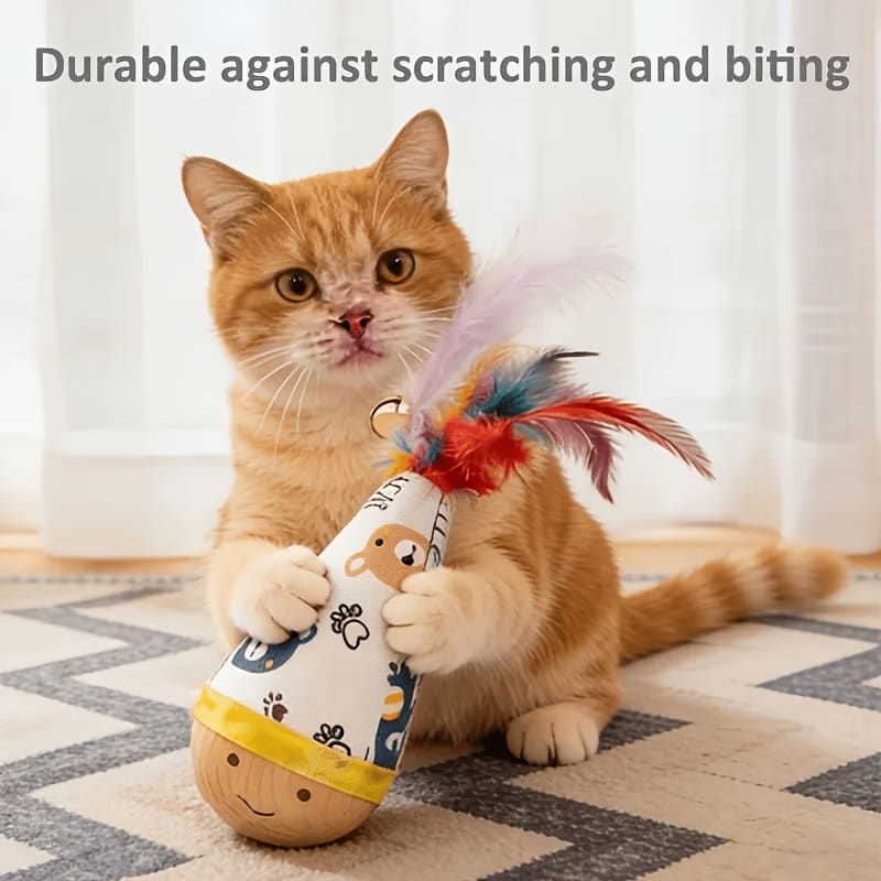 Interactive Wobble Cat Toy with Feathers and Wooden Base – Durable, Self-Righting Design for Endless Play, Exercise, and Entertainment for All Cat Breeds and Sizes (NoFeather, Purple)