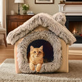 Plush Pet House with Detachable Cushion – Cozy, Warm, and Stylish Indoor Cat or Small Dog Bed – Soft Faux Fur Hideaway with Doorway – Perfect for Year-Round Comfort and Relaxation (M, Brown)