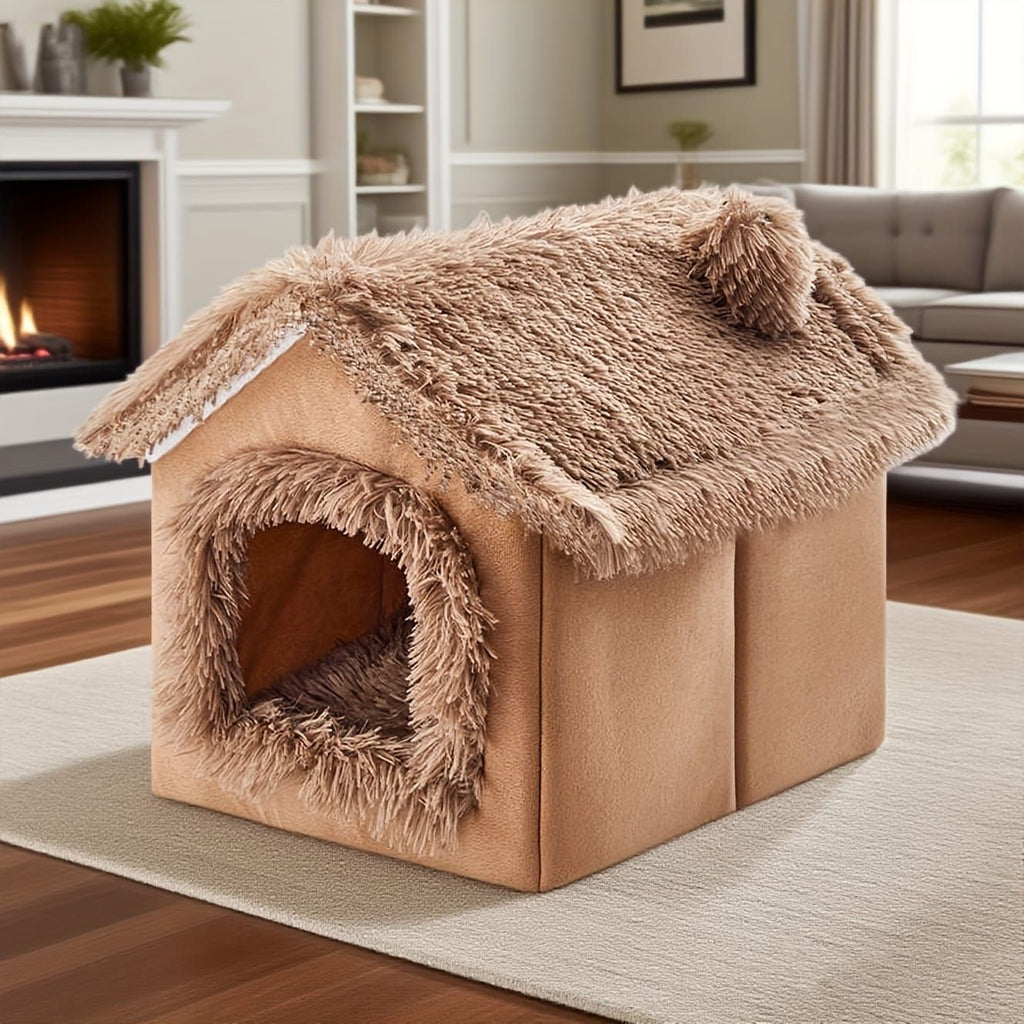 Plush Pet House with Detachable Cushion – Cozy, Warm, and Stylish Indoor Cat or Small Dog Bed – Soft Faux Fur Hideaway with Doorway – Perfect for Year-Round Comfort and Relaxation (S, Brown)
