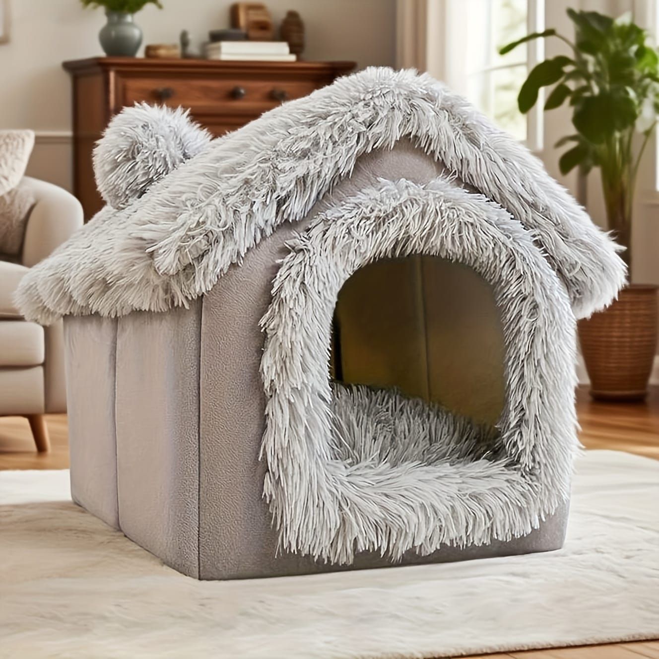 Plush Pet House with Detachable Cushion – Cozy, Warm, and Stylish Indoor Cat or Small Dog Bed – Soft Faux Fur Hideaway with Doorway – Perfect for Year-Round Comfort and Relaxation (S, Brown)