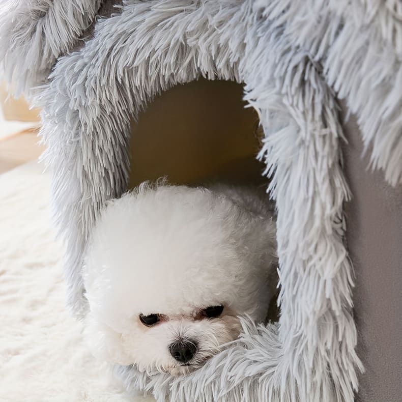Plush Pet House with Detachable Cushion – Cozy, Warm, and Stylish Indoor Cat or Small Dog Bed – Soft Faux Fur Hideaway with Doorway – Perfect for Year-Round Comfort and Relaxation (S, Grey)