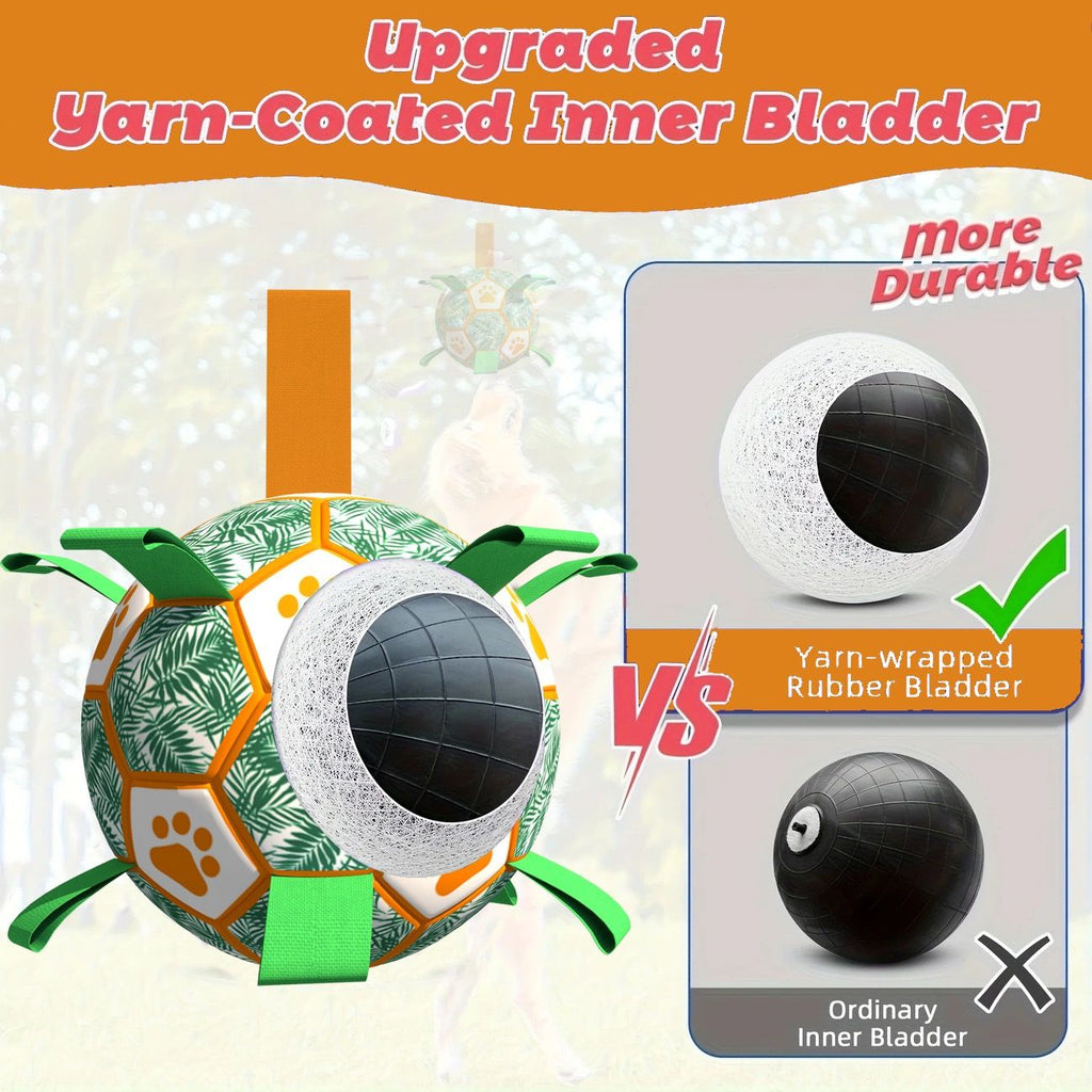 Interactive Dog Soccer Ball Toy with Bite-Resistant PU Surface and Durable Nylon Straps for Fetch, Tug, and Play in Indoor or Outdoor Settings (L)