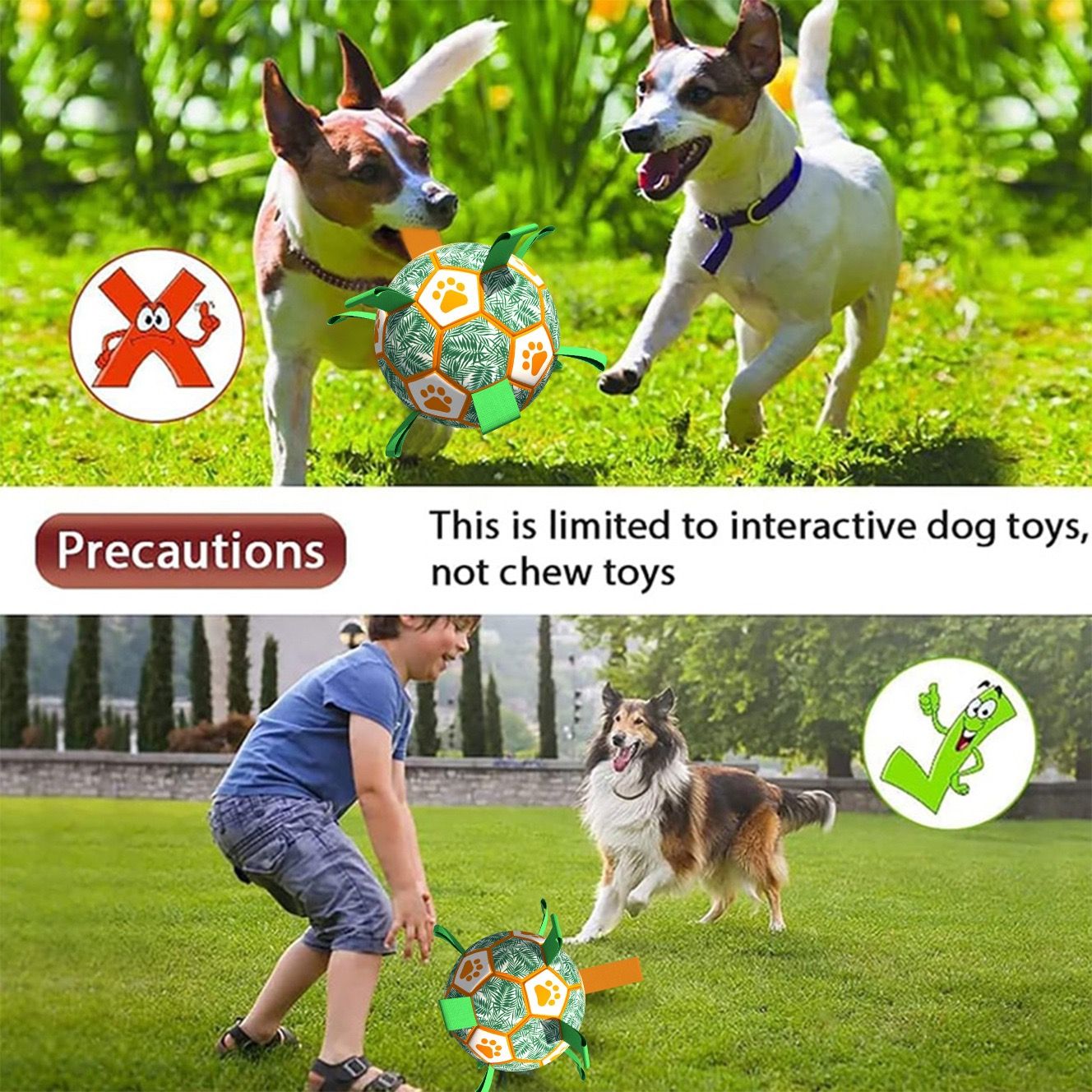 Interactive Dog Soccer Ball Toy with Bite-Resistant PU Surface and Durable Nylon Straps for Fetch, Tug, and Play in Indoor or Outdoor Settings (L)