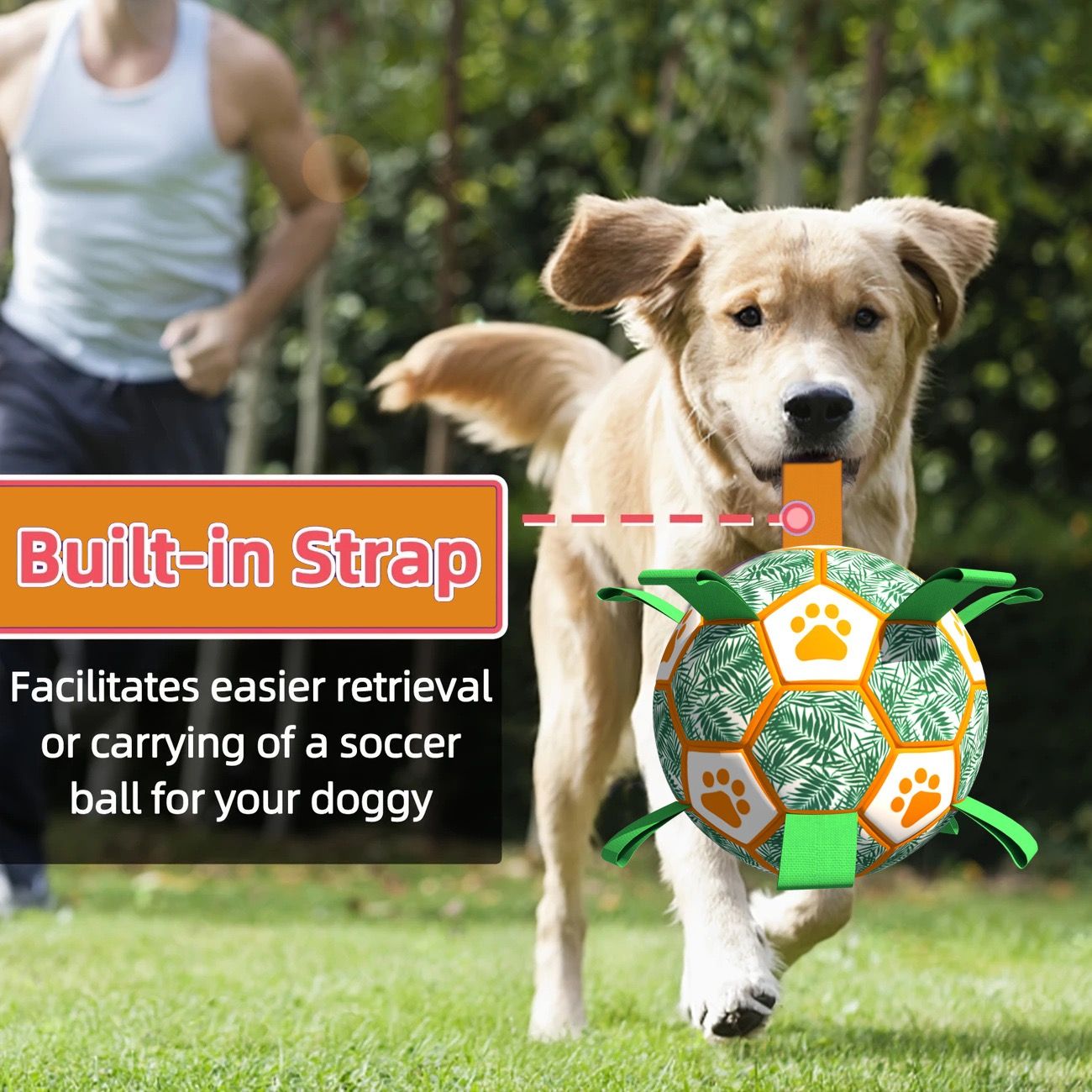 Interactive Dog Soccer Ball Toy with Bite-Resistant PU Surface and Durable Nylon Straps for Fetch, Tug, and Play in Indoor or Outdoor Settings (S)