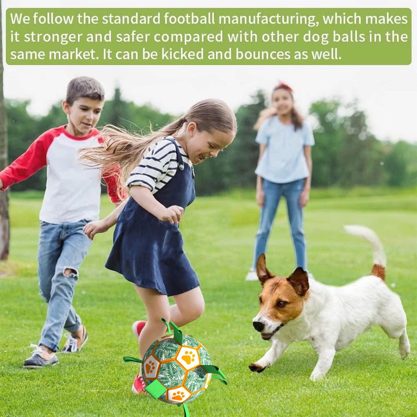 Interactive Dog Soccer Ball Toy with Bite-Resistant PU Surface and Durable Nylon Straps for Fetch, Tug, and Play in Indoor or Outdoor Settings (S)