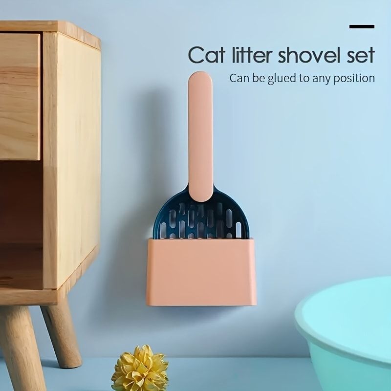 Colorful Cat Litter Scoop Set with Wall-Mountable Storage Base for Easy Cleaning and Organization (Pink)