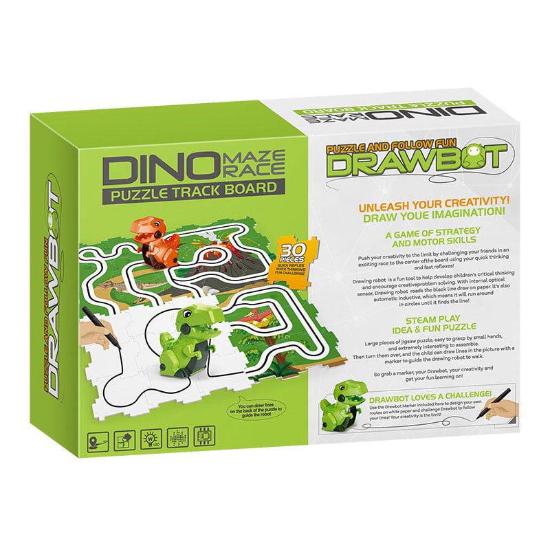 Dinosaur Maze Racing Toy Set for Kids Ages 3+ – Track Puzzle Assembly with Two Q-Style T-Rex Cars, Line-Following Sensors, and Drawing Pen for Interactive Play and Cognitive Development (Green)