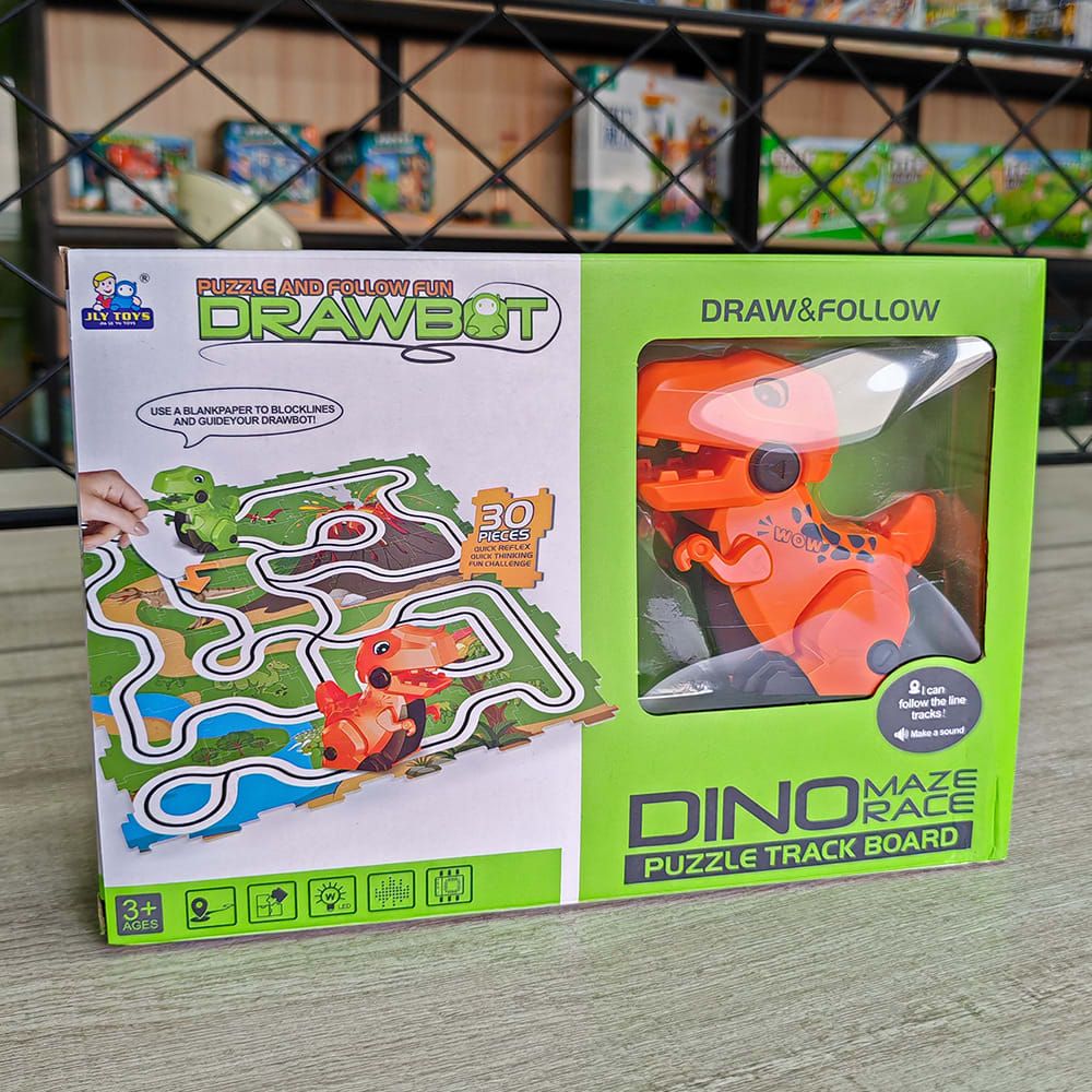 Dinosaur Maze Racing Toy Set for Kids Ages 3+ – Track Puzzle Assembly with Two Q-Style T-Rex Cars, Line-Following Sensors, and Drawing Pen for Interactive Play and Cognitive Development (Green)