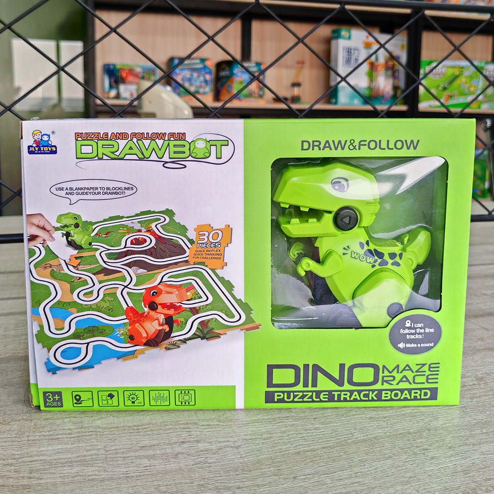 Dinosaur Maze Racing Toy Set for Kids Ages 3+ – Track Puzzle Assembly with Two Q-Style T-Rex Cars, Line-Following Sensors, and Drawing Pen for Interactive Play and Cognitive Development (Green)